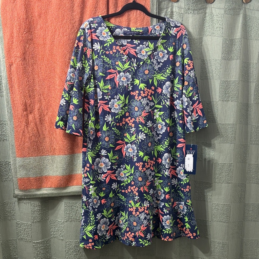 Katherine Way Navy Floral Midi Dress bell sleeve